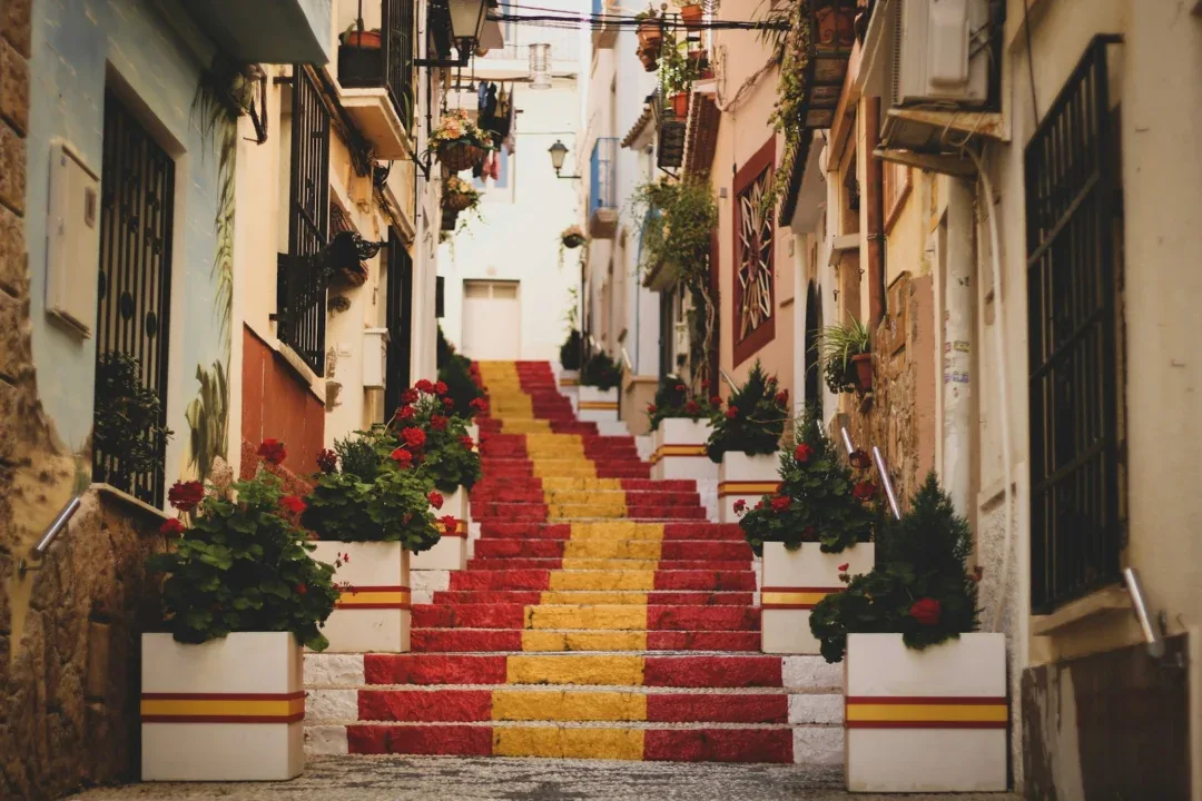 red, yellow, and white concrete stairs